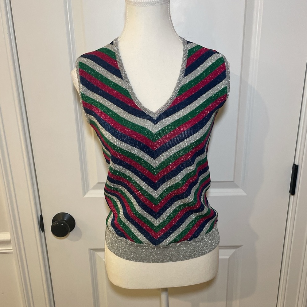 Made in Italy Metallic Chevron Sleveless Striped V-Neck Cardigan Sweater